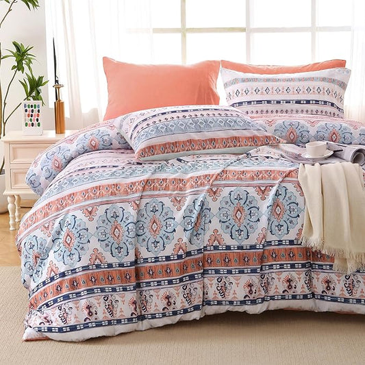 MUXHOMO Boho Pink Bed in a Bag King 7 Pieces, King Comforter Set Reversible Botanical Flowers Design, Ultra Soft & Breathable Bedding Sets with Comforter, Sheets, Pillowcases & Shams