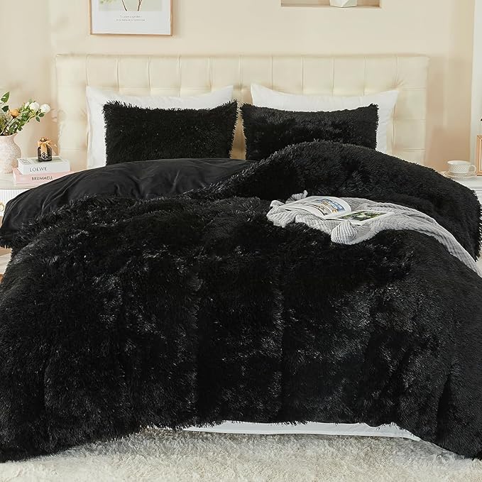EMME Luxury Fuzzy Duvet Cover Set Twin Size Fluffy Comforter Cover Set for Twin Bed 2 Pieces Shaggy and Plush Soft Bedding Duvet Covers (Black, Twin)