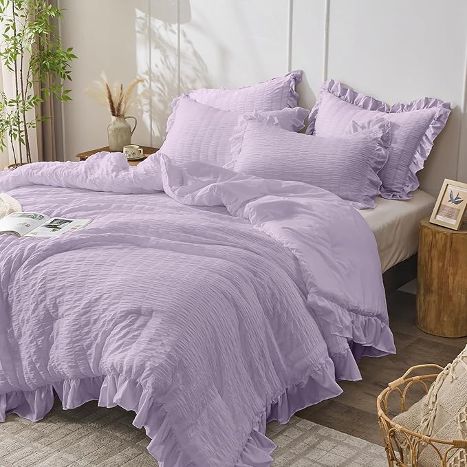 JOLLYVOGUE Lavender Twin Size Comforter Set, 2 Pieces Seersucker Lightweight Fluffy Bedding Set, Twin Ruffle Comforter, All Season Soft Microfiber Shabby Chic Bed Set