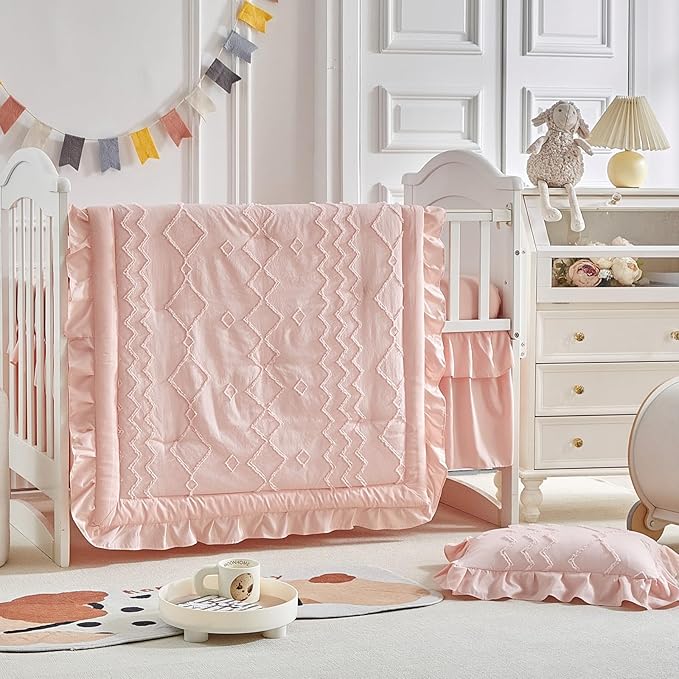AIKASY The Ruffled Shabby Crib Bedding Set for Girls, Baby Quilted Comforter with Fitted Sheet, Bed Skirt, and Pillowcase（Coral Pink）