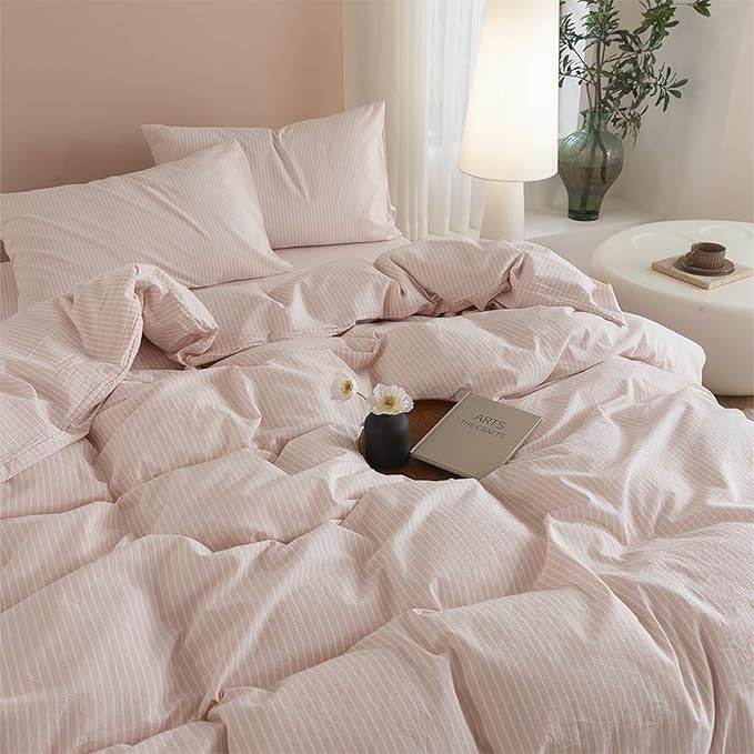 JIYUAN 100% Washed Cotton Striped Duvet Cover Set 3 Pieces Queen, 1 Duvet Cover and 2 Pillowcases(Comforter Not Included),Linen Like Comfy and Breathable,Pinstripes - Greyish Pink White