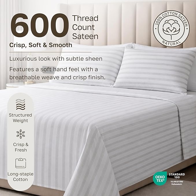 California Design Den King Size Sheet Set - 100% Cotton, 600 Thread Count, Deep Pocket King Sheets, Premium-Feel Bedding with Sateen Weave - Ticking Stripe Pattern