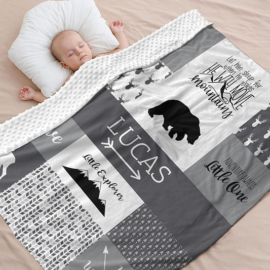 Custom Micro Fleece Baby Blanket for Boys with Double Layer, Breathable and Soft Lightweight Receiving Blanket for Newborns, 35x45 Inches, Woodland Bear, Gray