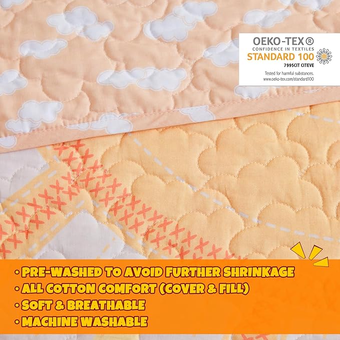 Intelligent Design Kids Twin Quilt Bedding Set, Cotton Coverlet Sun Girls Bedding Set Rainbow & Clouds Reversible Dawn Light & Breathable Sham Throw Pillow Twin Yellow/Coral 3 Piece