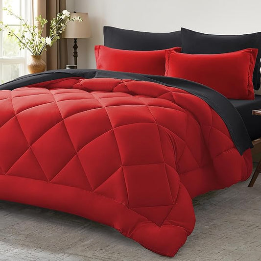 Anluoer King Comforter Set，Red and Black Bed in a Bag 7 Piece，Lightweight Bedding Set with Soft Down Alternative Fill，Bed Set Includes Comforter, Fitted Sheet, Flat Sheet，Pillowcases and Shams
