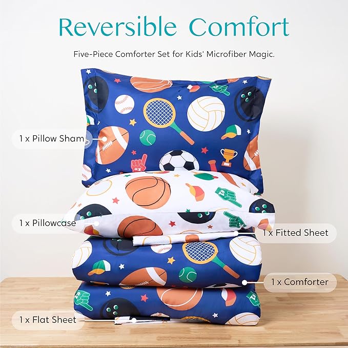 Joiedomi Kid Twin Comforter Set 5 Piece Ball Sports Bedding Set for Boys Girls Super Soft Microfiber Bed in a Bag with Comforter Sheets Pillowcase Sham