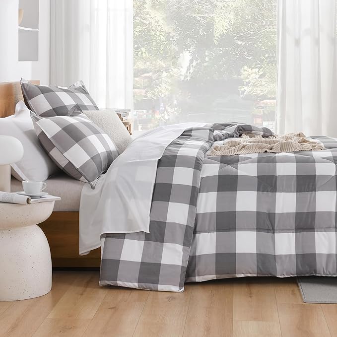 Andency Plaid Comforter Twin(66x90Inch), Gray White Checkered Gingham Buffalo Bed Set for Boys Teens, Lightweight Bedding, 2 Pieces(1 Comforter & 1 Pillowcase)