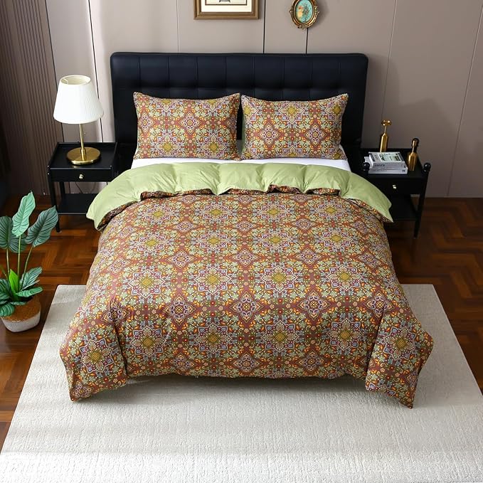 ABREEZE Bohemian Duvet Cover Set Colorful Boho Retro Bedding Set Damask Paisley Cotton Duvet Cover Tribal Reversible Bedding Exotic Style Comforter Cover 3-Piece Queen