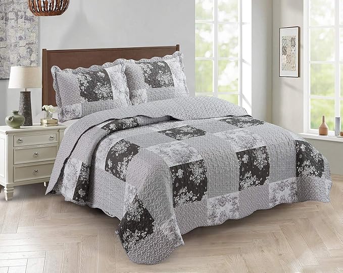 Brilliant Sunshine Grey Toile Floral Patchwork, 3-Piece Quilt Set with 2 Shams, Reversible Bedspread, Soft Lightweight Coverlet, All-Season, Full/Queen, Grey