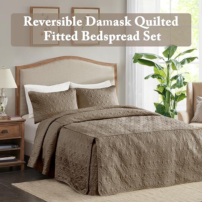 Madison Park Quebec Split Corner Quilted Bedspread Classic Traditional Design All Season, Lightweight, Bedding Set, Matching Shams, Queen, Damask Quilted Khaki 3 Piece