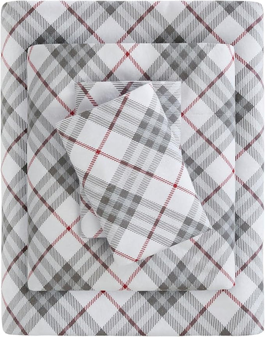 True North by Sleep Philosophy Cozy Flannel Warm 100% Cotton Sheet - Novelty Print Animals Stars Cute Ultra Soft Cold Weather Bedding Set, Full, Red Plaid 4 Piece