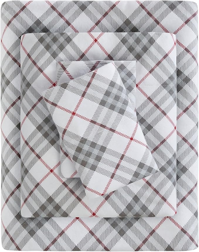 True North by Sleep Philosophy Cozy Flannel Warm 100% Cotton Sheet - Novelty Print Animals Stars Cute Ultra Soft Cold Weather Bedding Set, King, Red Plaid 4 Piece
