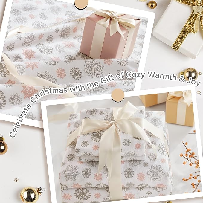 True North by Sleep Philosophy Cozy Flannel Warm 100% Cotton Sheet - Novelty Print Animals Stars Cute Ultra Soft Cold Weather Bedding Set, Queen, Pink/Grey Snowflakes 4 Piece