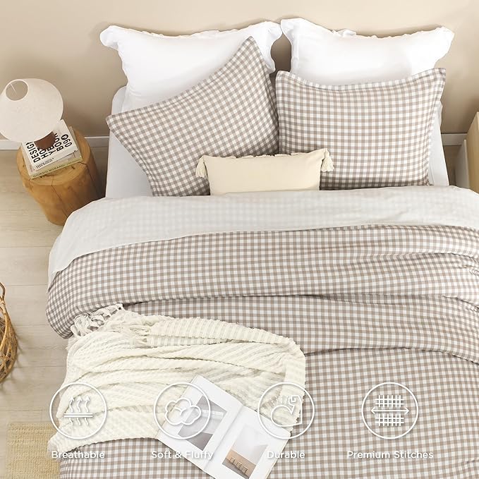 Andency Tan Checkered Comforter King(104x90Inch), Plaid Gingham Buffalo Grid Bedding Comforter Sets for Boys Kids Teens, 3 Pieces Lightweight Microfiber Geometric Preppy Bed Set