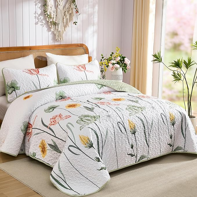 WONGS BEDDING 3 Pieces Quilt Set King,Sage Green Floral Printed Quilted Bedspread Set,Soft Lightweight Bedding Coverlet Set for All Seasons(110"x90")