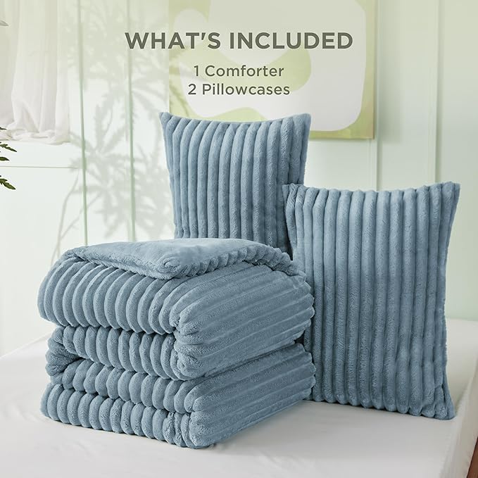 Bedsure King Size Comforter Set - GentleSoft™ 3 Pieces Fluffy Double-Side Fleece Comforter Set, Cozy Striped Room Decor Aesthetic, Luxury Mineral Blue King Bedding with 2 Pillowcases, 104x90 Inches