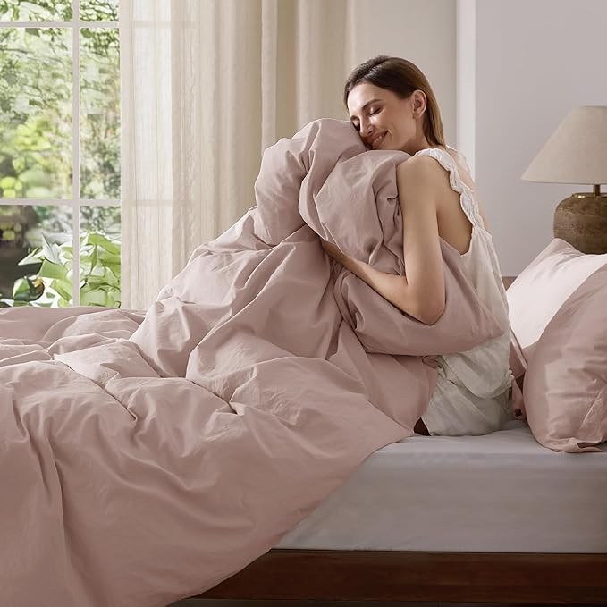 Bedsure 100% Washed Cotton Duvet Cover Twin Size - Petal Pink Minimalist Cotton Duvet Cover Linen Like for All Seasons - GentleSoft™ Plain Simple Bedding (Petal Pink, Twin, 68"x90")