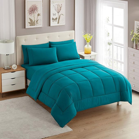 Sweet Home Collection 7 Piece Comforter Set Bag Solid Color All Season Soft Down Alternative Blanket & Luxurious Microfiber Bed Sheets, Teal, Twin XL