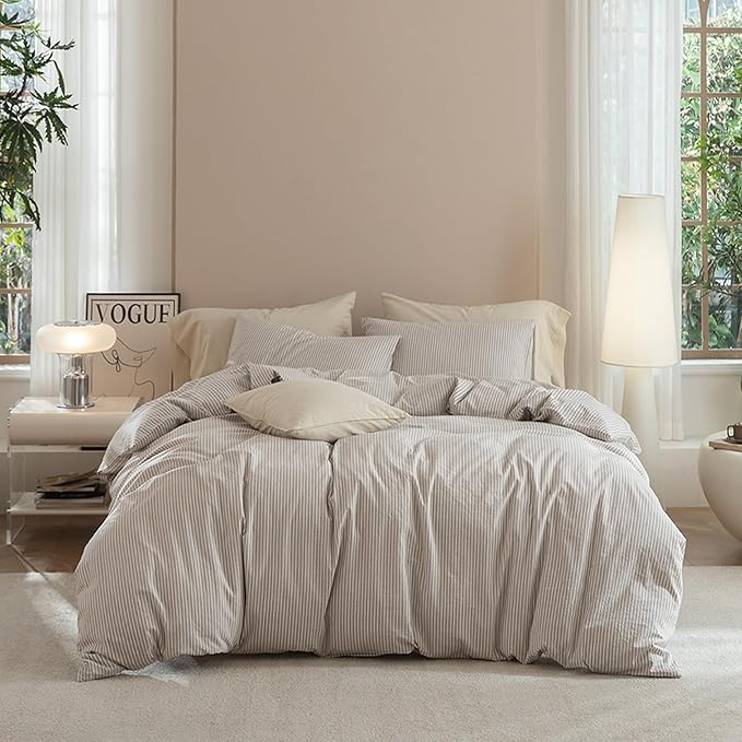 JIYUAN 100% Washed Cotton Striped Duvet Cover Set 3 Pieces Queen, 1 Duvet Cover and 2 Pillowcases(Comforter Not Included),Linen Like Comfy and Breathable,Pinstripes - Taupe White