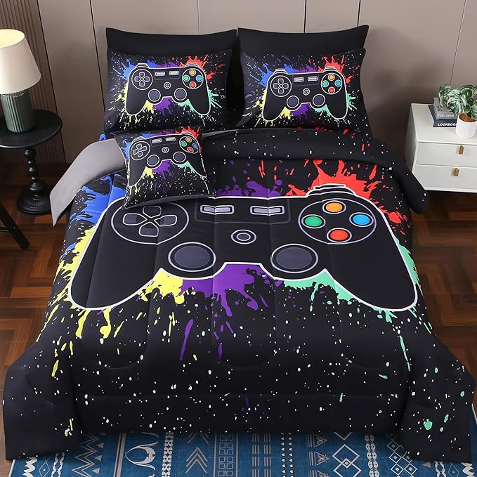 JQinHome Queen Gamer Comforter Sets for Boys,8 Piece Bed in A Bag 3D Video Game Bedding -All Season Microfiber Gamer Bedding Sets for Kids, with Pillowcase, Flat & Fitted Sheet,Cushion Cover(Black)