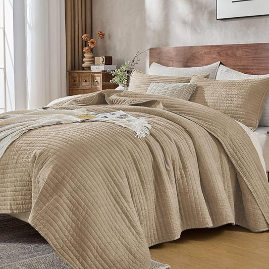 DOWN HOME Cali King Quilt Bedding Set with Shams, Vintage Washed Quilted Blanket Thin Comforter Lightweight Bedspread Coverlet Bed Cover, Brushed Microfiber Stripe Stitching, Brown, 111"x92"