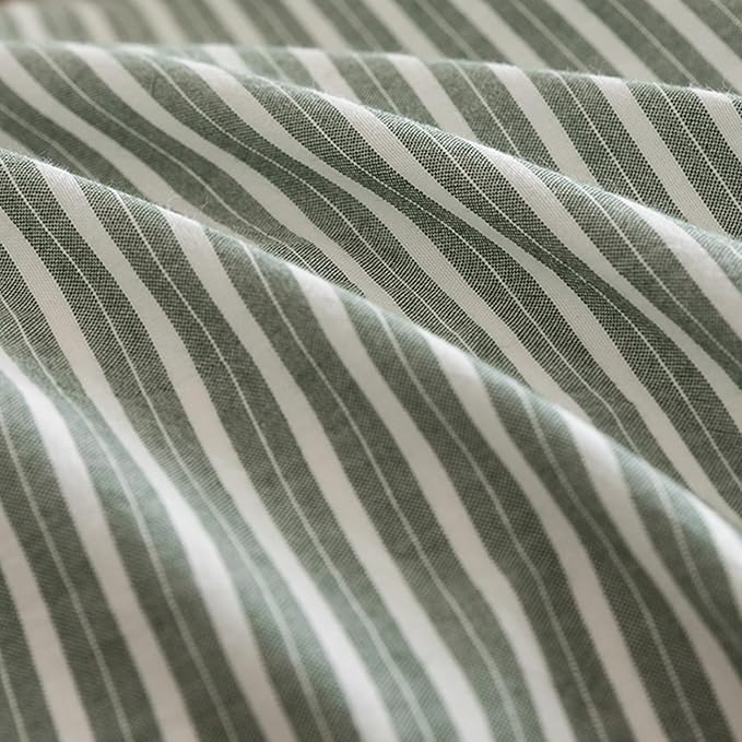 JIYUAN 100% Washed Cotton Striped Duvet Cover Set 3 Pieces King, 1 Duvet Cover and 2 Pillowcases(Comforter Not Included),Linen Like Comfy and Breathable,Pinstripes - Green White