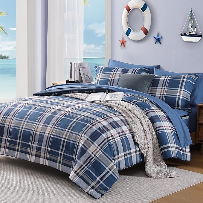 Plaid Queen Size Comforter Set Medium Blue, Bedding Set 7 Pieces for Boys Girls Teen, Lightweight All Season Bed in a Bag with Sheets, Pillowcases & Shams