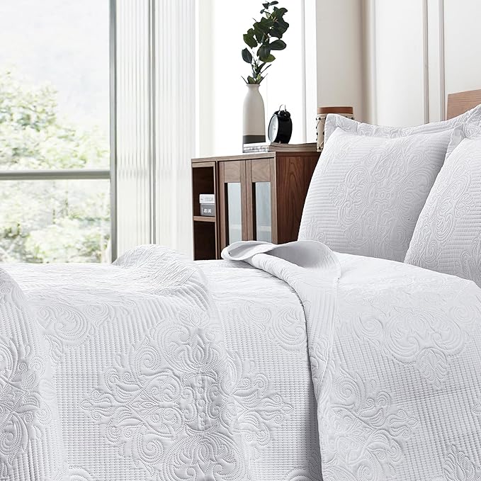 Hansleep White Quilt Queen Size - Textured Ultrasonic All Season Bedspread Queen, Soft Lightweight Coverlet Bedding Set, 3 Pieces (1 Quilt, 2 Pillow Shams)