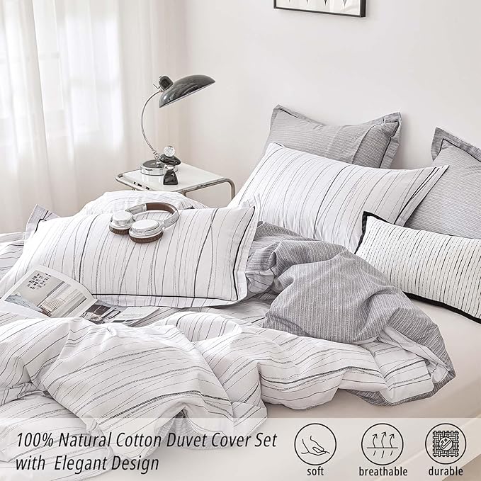 Modern Urban 100% Natural Cotton Duvet Cover Sets 3Pcs - Gray Artistic Lines Pattern on White with Textured Light-Gray Reverse, Minimalist Bedding Set with Button Closure(King,104"×90"