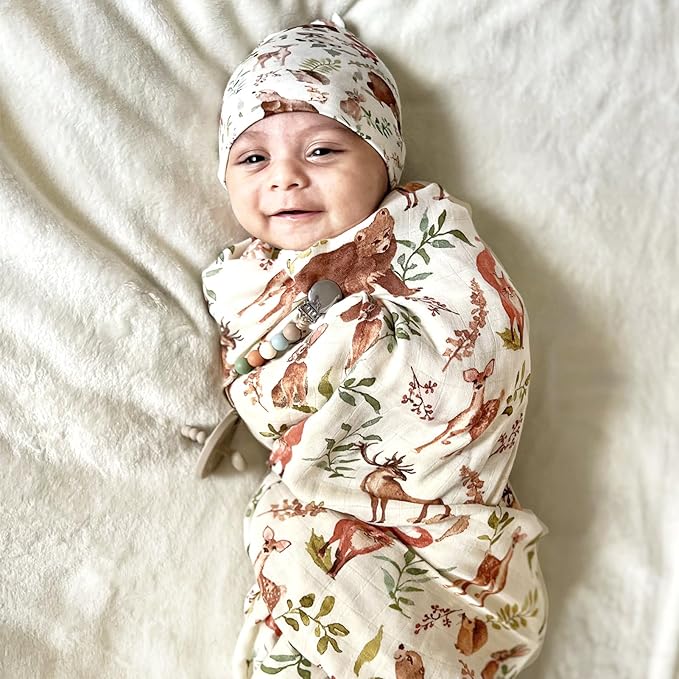 LifeTree Muslin Swaddle Blankets, Muslin Baby Boy Swaddle Blanket and Hat Set with Birth Announcement Card, Newborn Unisex Receiving Blankets Woodland Forest Animals