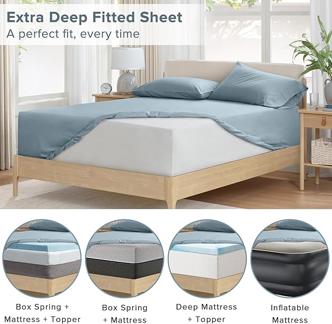 Comfort Spaces Extra Deep Pocket, 100% Cotton King Fits up to 24" Mattress, Breathable, Naturally Cool, Soft, All Seasons Sheet Set, Blue 4 Piece