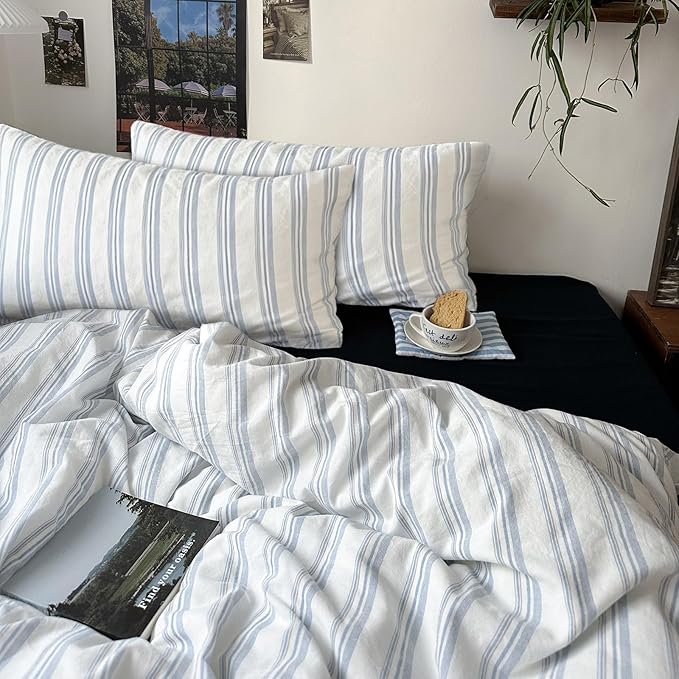 mixinni Vintage Blue & White Striped Duvet Cover Set - 3 Piece 100% Washed Cotton Full Size Bedding | Minimalist Relaxed Style | Ultra Soft Breathable, with Zipper Closure & Corner Ties-Full Size