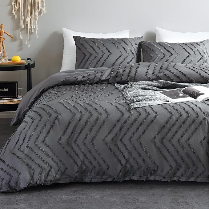 WARMDERN Boho Duvet Cover Set, Tufted Bedding Duvet Covers Soft Washed Microfiber Duvet Cover King Size, 3 Pieces Embroidery Shabby Chic Duvet Cover with Zipper Closure(Grey, King)