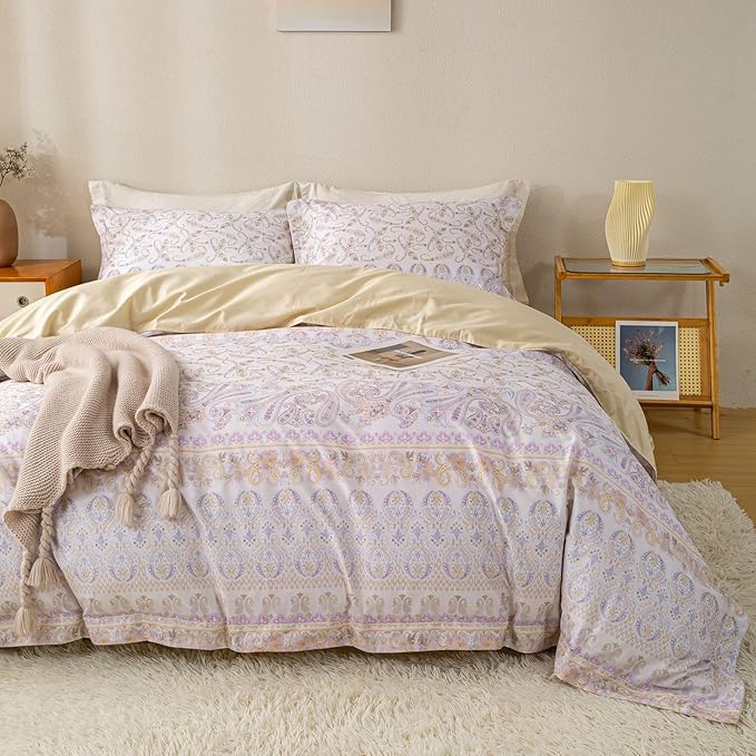 OAITE Duvet Cover Set Queen Size Floral Pattern Ultra Soft 100% Cotton Duvet Cover Sets 3-PC, Breathable Duvet Cover with Zipper Closure & Corner Ties(2 Pillow Shams,1 Duvet Cover)