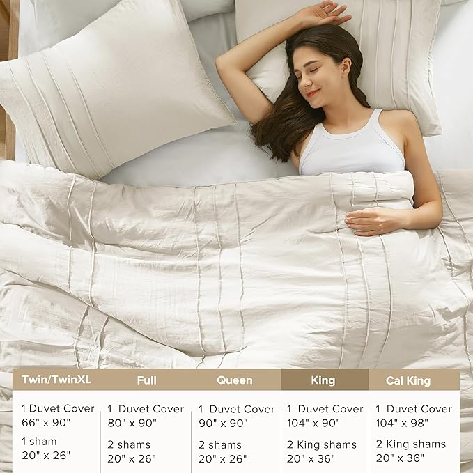 Comfort Spaces Cream King Size Duvet Cover Set - 3 Pieces Pintuck Pleated Duvet Cover, All Season Lightweight, Extra Softness Pre-Washed Microfiber King Bedding Cover Shams