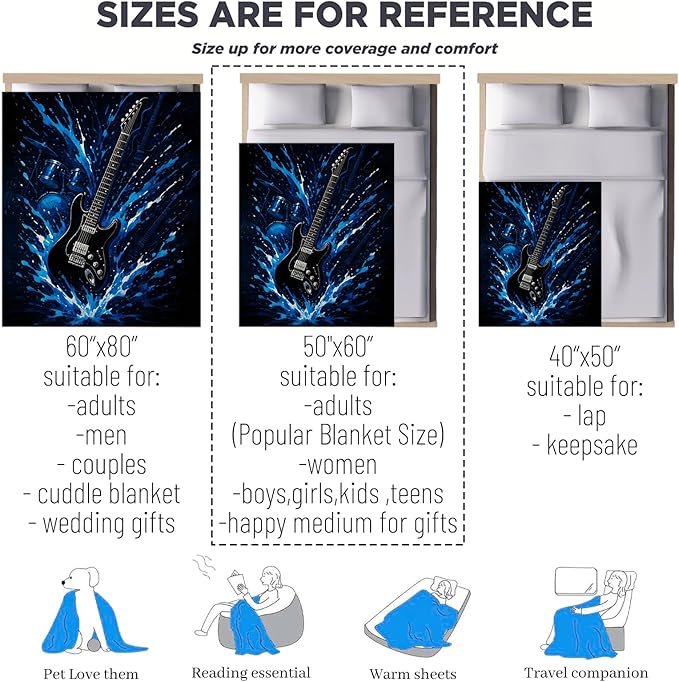 Guitar Gifts, Electric Guitar Theme Flannel Blanket for Women, Rock Music Birthday Throw Blankets for Kids, Girls, Travel Camping Sofa Living Room Decor 40x50 in