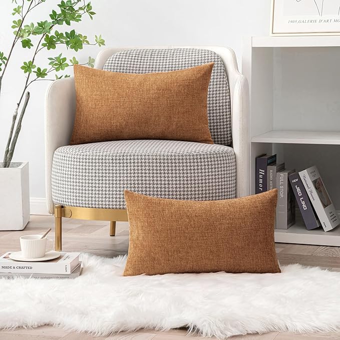 MIULEE Pack of 2 Brown Throw Pillow Covers 12x20 Inch Soft Chenille Lumbar Pillow Covers for Sofa Living Room Couch Solid Dyed Cases