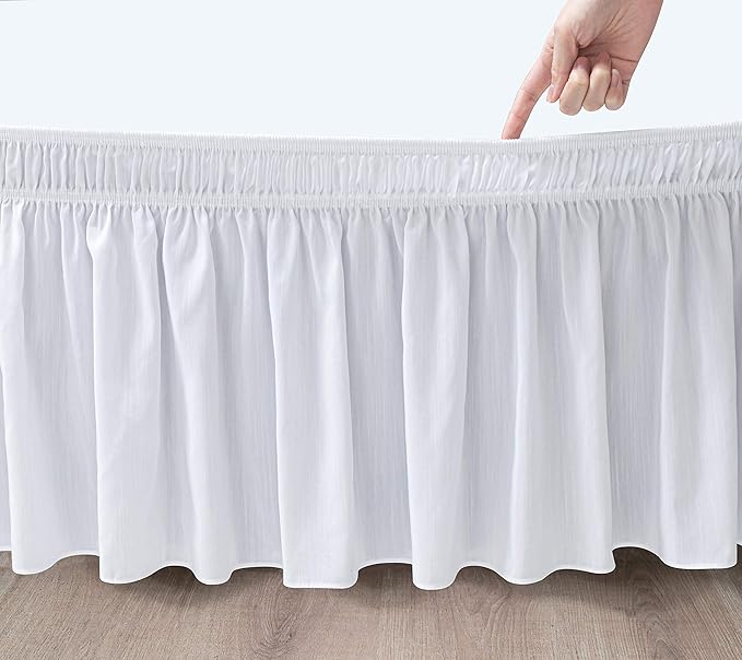 Wrap Around Bed Skirts Elastic Dust Ruffles, Easy Fit Wrinkle and Fade Resistant Silky Microfiber Fabric Solid Color Bedskirt, 12 Inch Tailored Drop White for Full Size Bed Skirt