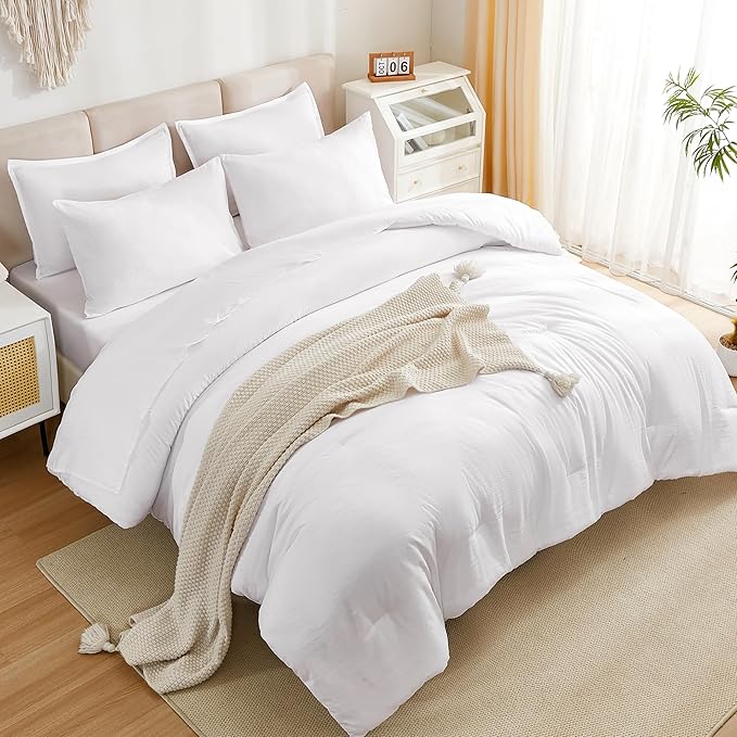 Litanika Twin XL Comforter Set White - 5 Pieces Twin Extra Long Bed in a Bag for College Dorm, All Season Bedding Set for Girls and Boys, Soft Bed Set with Comforter, Sheets, Pillowcase & Sham