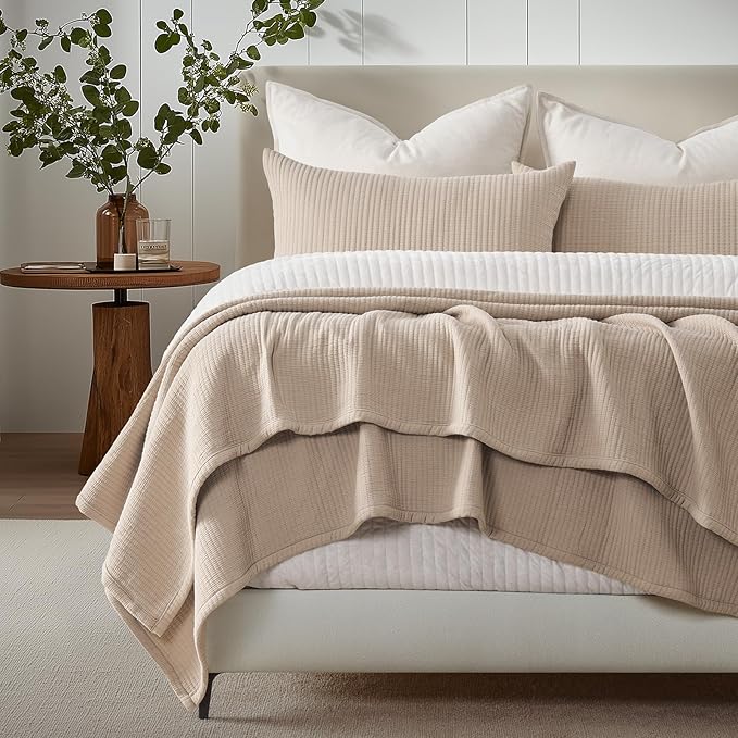 EVERGRACEHOME Cotton Gauze Full Queen Bedspread, Ultra Soft Prewashed Pick Stitch Matelassé Coverlet, Lightweight Textured Oversized Queen Quilt Bedding Set for All Season, with 2 Shams, Khaki Tan