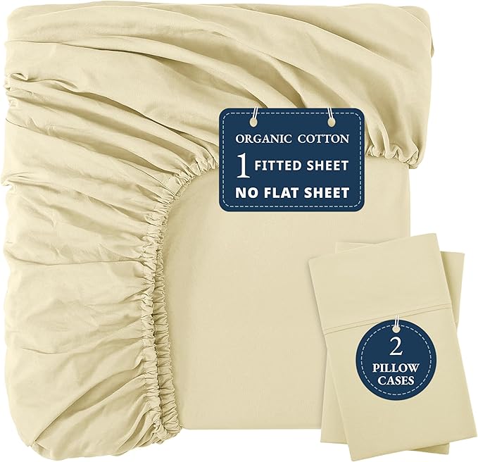 LANE LINEN Full Fitted Sheet, 100% Organic Cotton, 3-Piece Set (1 Fitted Sheet,2 Pillowcases), Percale Weave, Full Bed Bottom Sheet, Ultra Soft, Fits Mattress Upto 15" Deep - Vanilla(No Flat Sheet)