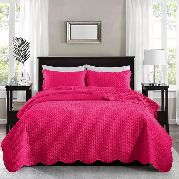 MOONLIGHT20015 Quilt King Size (106" x 96") with 2 Pillow Shams (20" x 36"+2") for Summer - 3 Pcs Lightweight Bedding Set Reversible Coverlet Embossed Quilted Bedspread (Pink)