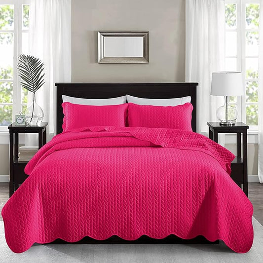 MOONLIGHT20015 Quilt Queen Size (90" x 96") with 2 Pillow Shams (20" x 26"+2") for Summer - 3 Pcs Lightweight Bedding Set Reversible Coverlet Embossed Quilted Bedspread (Pink)