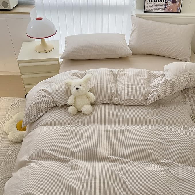 mixinni Tan Striped Duvet Cover Full Size - 100% Washed Cotton Beige Pinstripe Comforter Cover with Zipper Closure, Lightweight & Breathable, 3 Pieces Minimalist Stripes Pattern Printed Bedding Set