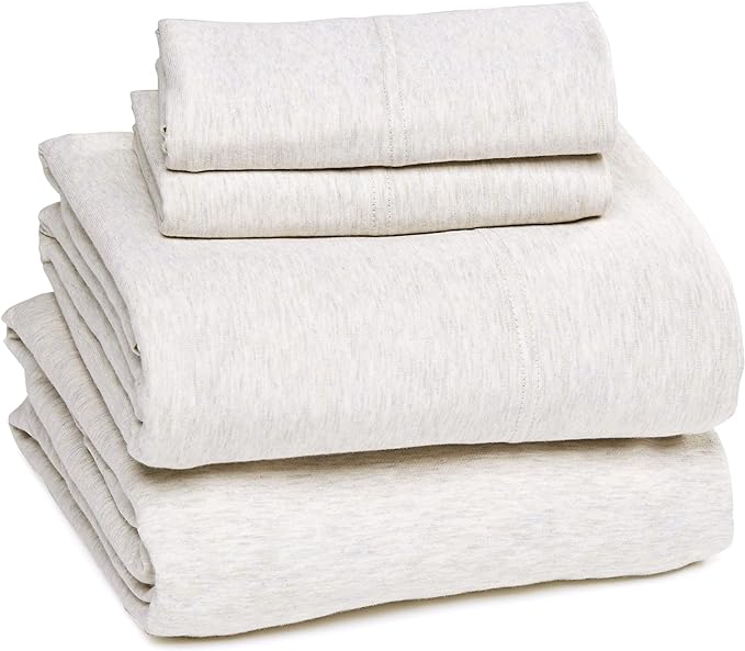Amazon Basics 4 Piece Breathable 100% Cotton Jersey Knit Sheet Set, Stretchy Lightweight, Includes Flat and Fitted Sheets, Pillowcase, Full, Oatmeal