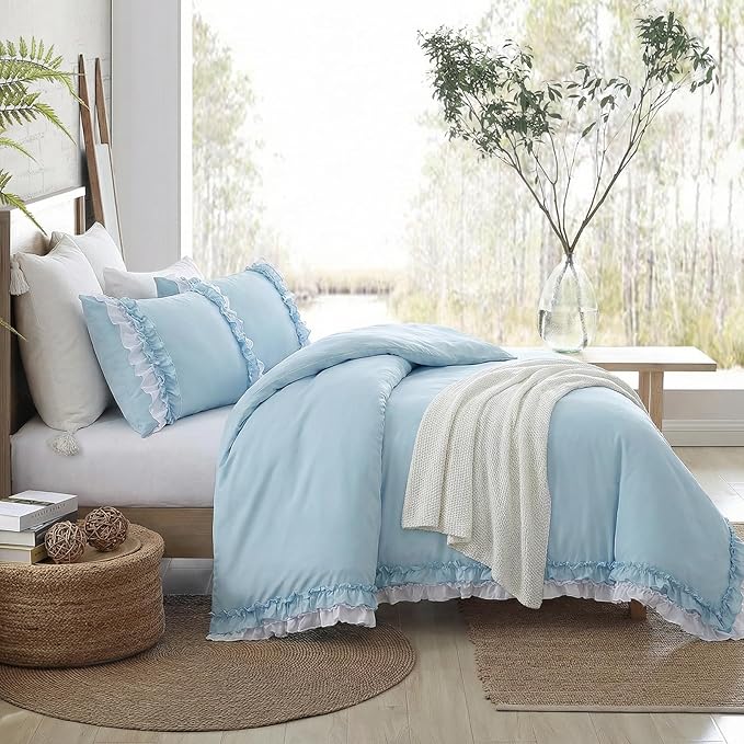Bedrom Light Blue Duvet Cover Twin Ruffled Bedding Set Elegant Ruffle Lace Bedroom Decor Shabby Chic Farmhouse Style Blue Boho Duvet Cover Set