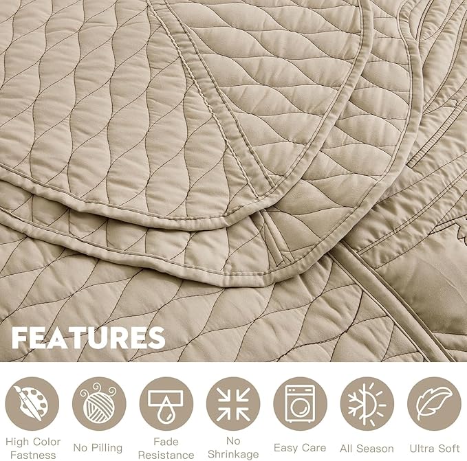 Botanical Oversized Bedspread King Size - Leaves Pattern Stitching Quilt Set - Elegant & Fresh Style Bedding Coverlets, Reversible, Lightweight, 5 Piece, Taupe