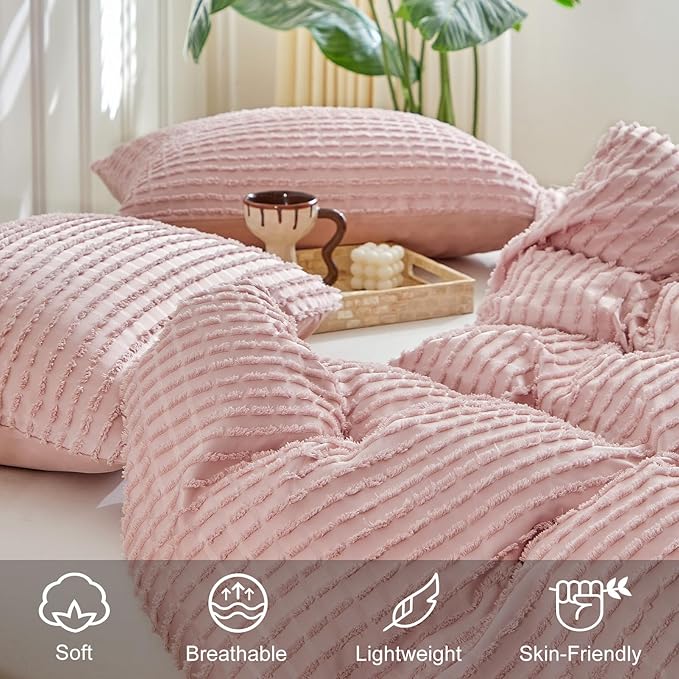 WARMDERN Boho Duvet Cover Set Queen Size, Pink Striped Duvet Cover Microfiber Bedding Set, 3PCS Ultra Soft Breathable Lightweight Tuft Texture Duvet Covers with Zipper Closure(Pink, King)