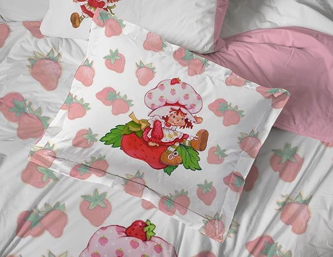 Jay Franco Strawberry Shortcake Full Comforter Set - 7 Piece Bedding Includes Sheet Set & Pillow Covers - Super Soft Pink & White Kids Bedding