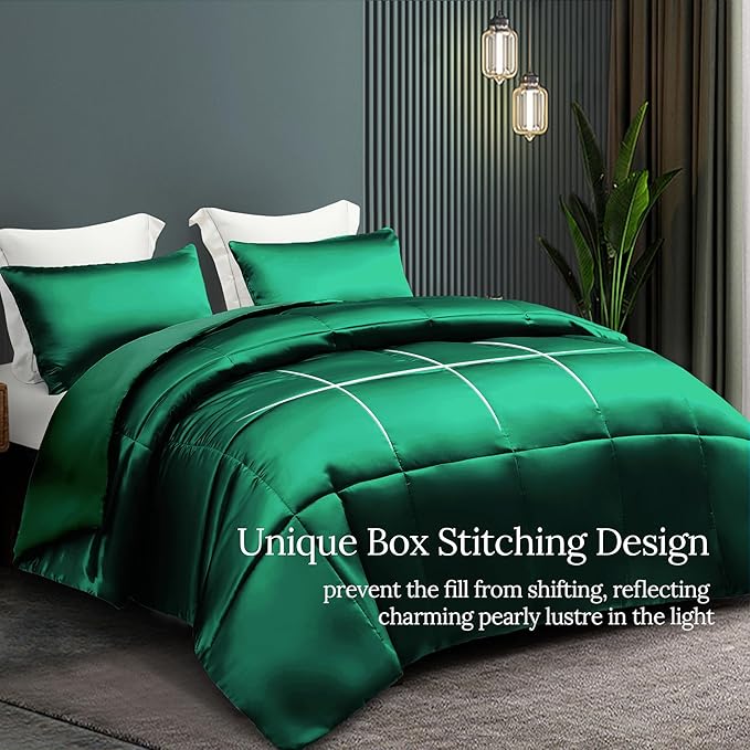 Whale Flotilla 2-Piece Reversible Silky Soft Twin Size Comforter Bedding Set, Luxurious Satin Comforters with Satin Pillowcase, Lightweight Duvet for All Seasons,Deep Green